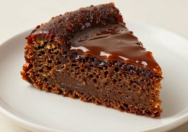A close-up shot of a slice of traditional cassava cake, showing the moist, dense interior and the rich, dark-brown caramelized custard topping. Minimalist styling on an off-white plate, North American / US setting.