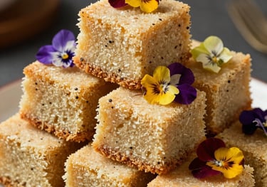 A stack of mini cassava cake squares, garnished with edible flowers. High-quality food photography for a lifestyle blog, North American / US style.