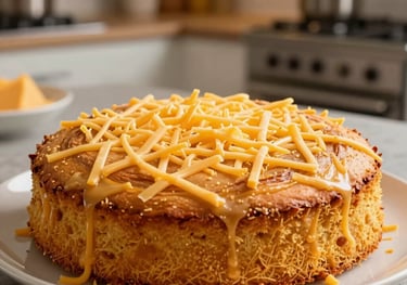A golden-hued photograph of a cassava cake being topped with grated cheddar cheese. Warm indoor lighting, shallow depth of field, modern North American kitchen background.