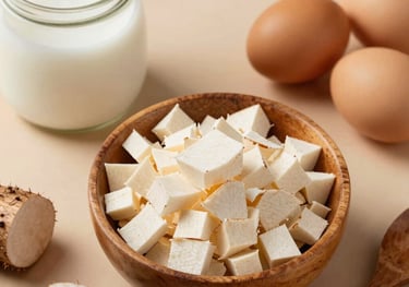 A professional flat-lay of raw ingredients: freshly grated cassava in a wooden bowl, a jar of coconut milk, and organic eggs. Muted tan and brown tones, inviting culinary composition.