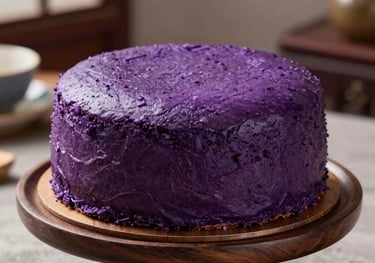A vibrant purple Ube cassava cake on a dark brown wooden pedestal. The color is deep and natural. Elegant lighting, North American dining room setting.