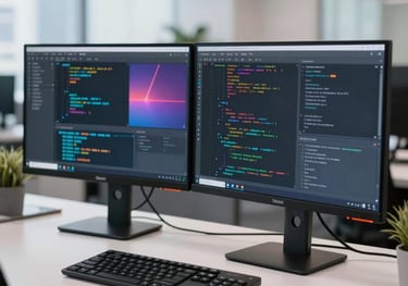 Sleek tech workspace setup with dual monitors showing abstract code and high-end interfaces in a bright, modern corporate environment in Dubai.