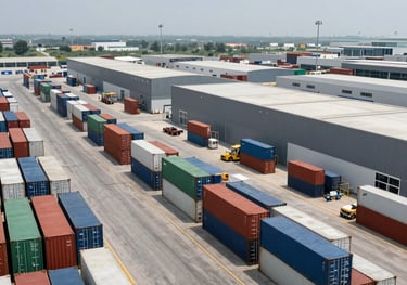 A modern warehouse and global logistics shipping terminal in the Gulf Cooperation Council (GCC) region, high-tech cargo operations, showcasing speed and corporate efficiency.