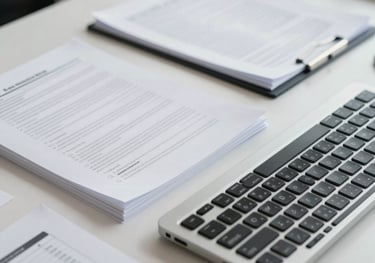 A professional portrait of modern administrative services, featuring sleek tech setup, business documents, and a minimalist elegant keyboard, representing efficient digital processing.