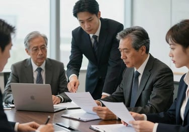 A high-end corporate boardroom meeting featuring business advisors analyzing papers with focused determination, soft natural lighting, reflecting a professional and trustworthy environment.