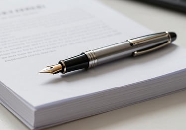 A luxury fountain pen resting on a stack of thick, textured legal documents in a well-lit minimalist study. Global / High-end corporate.