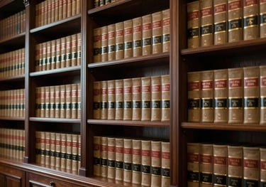 Interior of a sophisticated private library with dark wood shelves and leather-bound law volumes. Soft, authoritative cinematic lighting. Global / High-end corporate.