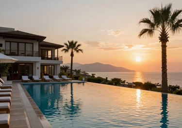 A lifestyle photograph of a luxury 5-star resort pool in Antalya at sunset, representing the recovery experience for a medical tourist seeking luxury in Türkiye.