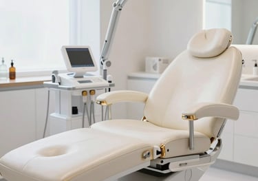 An elegant, clinical photograph of a high-end medical skincare treatment room. Bright white light reflects off polished surfaces, featuring a leather treatment chair and light gold accents.