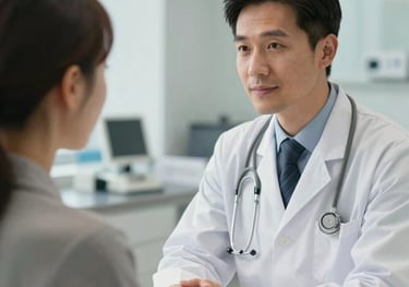 A close-up shot of a consultation between a doctor and a sophisticated traveler in a premium clinic. The focus is on a professional, trustworthy interaction in a bright, modern setting.