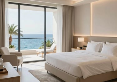 A serene, luxury private hospital room in Antalya with a view of the sea. The decor is minimal beige and white, featuring high-end furniture and a calm, upscale healing environment for the sophisticated traveler.