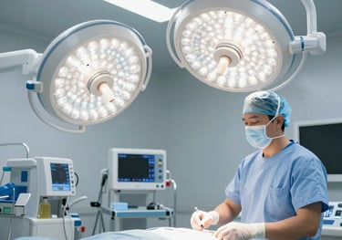 A professional and clinical photograph of a modern surgical suite, highlighting advanced medical lighting and equipment in tones of white and light blue. The setting is sterile, premium, and sophisticated.
