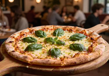 A freshly baked pizza with melting cheese and basil leaves on a wooden paddle. The background is a lively party hall with blurred people.