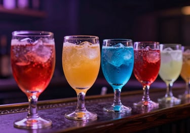 A row of vibrant colorful shots lined up on a bar. The glasses are glowing under muted slate purple and deep midnight indigo club lighting.