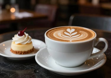 A cup of aromatic coffee with intricate latte art and a small elegant dessert on a dark table. The background shows the blurred, cozy interior of a club.