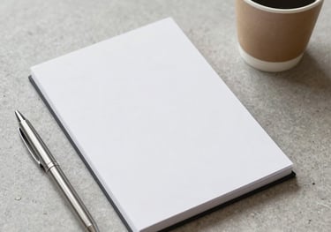 A minimalist workplace setup with a white notepad, a sleek pen, and a high-end coffee cup on a light grey stone desk. Professional, clean, and organized vibe.