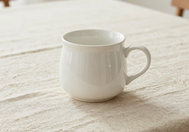 A tranquil, high-key photograph of a white ceramic object on a beige linen tablecloth. Bright, airy composition, natural light, minimalist North American home aesthetic.