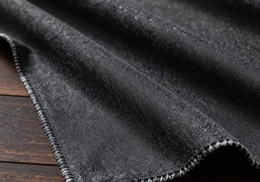 A close-up shot of high-quality charcoal fabric draped over a dark wood surface. Soft, moody lighting highlights the intricate weave, North American luxury interior style.