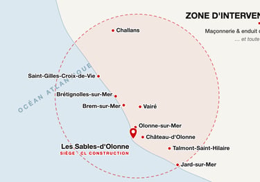 Carte de la zone d'intervention de CL Construction en Vendée : enduit de façade et maçonnerie aux Sables-d'Olonne, Olonne-sur-Mer, Château-d'Olonne, Talmont-Saint-Hilaire, Brem-sur-Mer, Brétignolles, Saint-Gilles-Croix-de-Vie, Challans