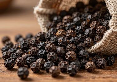 A close-up photograph of whole black pepper corns, known as Malabar Black Gold, spilling from a jute sack onto a wooden table. The focus is sharp on the wrinkled texture of the peppercorns.