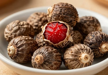 Whole nutmeg seeds with vibrant red mace still attached, placed on a ceramic dish. The colors are rich and warm, showcasing the fresh, natural state of the spices.