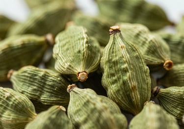 A macro shot of bright green cardamom pods in a heap. The lighting emphasizes the freshness and the characteristic ridges on the surface of the pods.