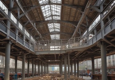 A curved facade covered in white latticework