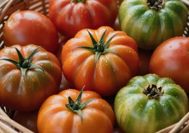 A close-up photograph of a wicker basket filled with a variety of colorful heirloom tomatoes in red, orange, and deep green. Natural lighting highlights the smooth textures, in a warm, inviting North American farm setting.