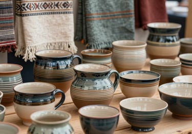 A lifestyle photograph of handcrafted ceramic pottery and organic textiles displayed on a wooden market stall. The style is wholesome and artistic, reflecting local North American craftsmanship.