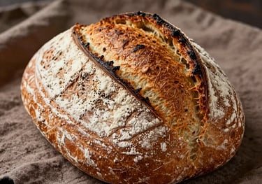 A photography shot of a freshly baked, golden-brown loaf of sourdough bread with a flour-dusted crust, sitting on a brown linen cloth. The lighting is warm and emphasizes the texture of the crust.