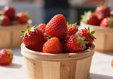 A charming photography shot of a small wooden pint container filled with ripe, bright red organic strawberries, sitting on a sunlit market table. The background is softly blurred, evoking a sense of local charm and summer freshness.