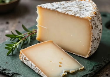 A close-up photograph of artisanal cheese wedges arranged on a dark green slate board, accompanied by sprigs of fresh herbs. Soft, warm lighting in a rustic kitchen setting, North American style.