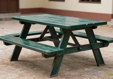 Large, sturdy picnic table and bench set made from dark forest green recycled plastic, located in a clean institutional courtyard in India.