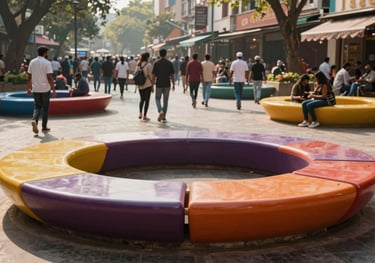 Modular, custom public seating in a vibrant Indian urban plaza. The design is fluid and architectural, attracting visitors in a high-traffic area.