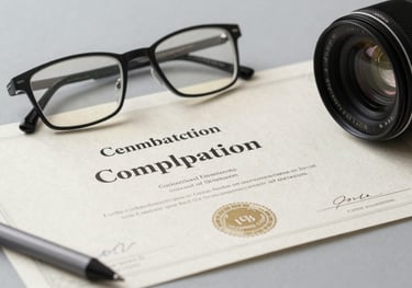 A close-up of a certificate of completion on a soft mist grey surface, with a pair of professional glasses and a technical stylus. Elegant and rewarding feel.