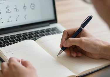 A student's hands taking neat notes next to a laptop showing a video course on electrical symbols. Soft mist grey notebook and dark navy pen. Professional and clean.