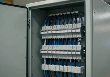An industrial electrical control panel with neatly organized wires in steel blue and dark navy. The door is open, showing a complex but perfectly labeled system. Professional technical photography.