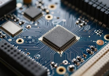 A macro shot of a clean circuit board with high-end components. Lighting is focused and precise, highlighting the technical engineering detail in dark navy and steel blue.