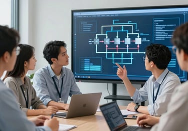 A group of technical professionals in a bright, modern learning center. They are discussing a project displayed on a large screen showing a steel blue electrical diagram.