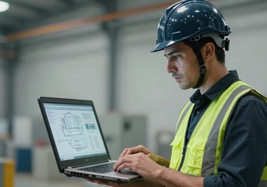 A professional engineer in a dark navy hardhat and safety vest looking at a digital schematic on a rugged laptop in an industrial setting. Steel blue and soft mist grey tones.