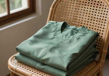 A minimalist still life of a sage green abaya folded neatly on a rattan chair. Soft daylight streaming through a window in an Indonesian villa.