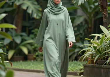 A candid shot of a woman in a sage green abaya walking through a lush Southeast Asian garden. The composition is airy and sophisticated.