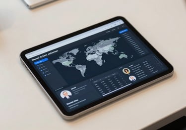 A top-down view of a tablet showing a social media dashboard, resting on a soft off-white desk in an International / Global office.