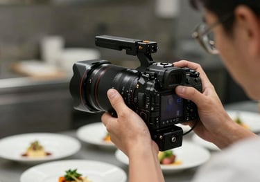 A behind-the-scenes shot of a professional camera focused on a chef's hands preparing a complex dish in a high-end restaurant kitchen.