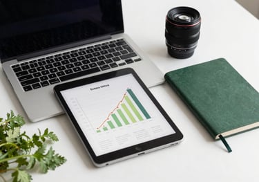 A minimalist workspace scene with a laptop and a tablet showing growth charts, surrounded by fresh herbs and a matte forest green notebook. European / North American.