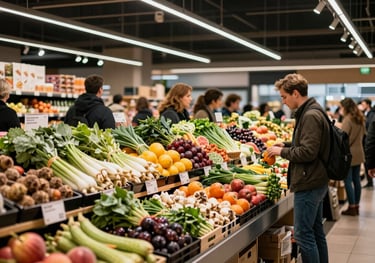 A vibrant shot of a modern food market interior, showcasing organized displays of organic goods and a diverse crowd of patrons. European / North American lifestyle photography.