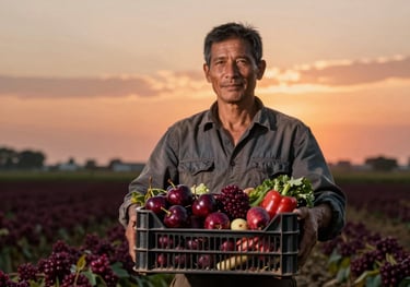 A portrait of a local farmer in a field at sunset, holding a crate of fresh produce. Authentic, professional photography with deep ripe crimson tones.