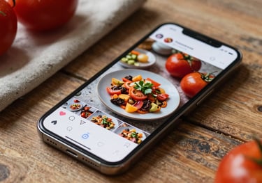 A close-up of a smartphone displaying a beautiful food Instagram feed, resting on a rustic wooden table next to a linen napkin and fresh tomatoes. Crisp Parchment lighting.