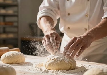 A high-contrast photo of an artisanal baker dusting flour over fresh dough, captured in slow motion with warm morning light. European / North American.