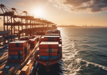 A large cargo ship loaded with colorful containers sailing on the open sea.